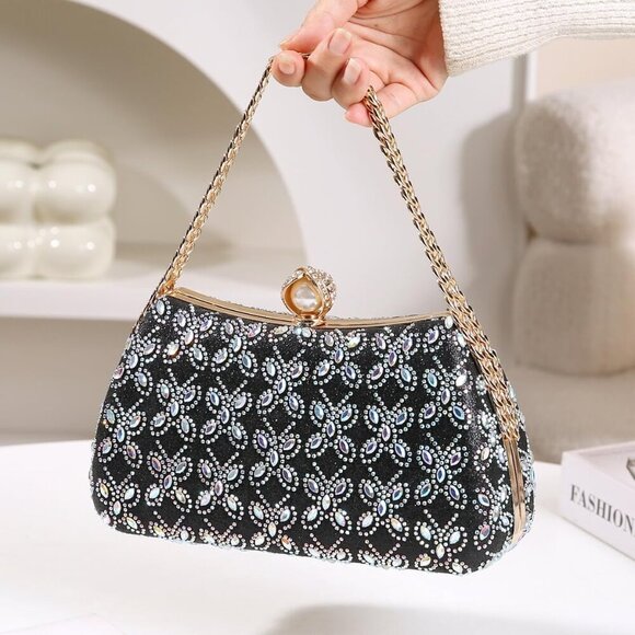 Women\'s Rhinestone Beaded Clutch Bag with Chain Handle for Evening or Party